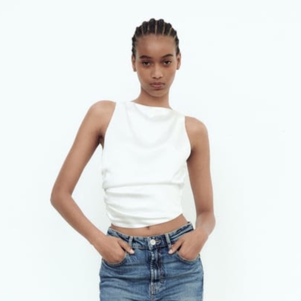 Zara White Open Back Satin Effect Top